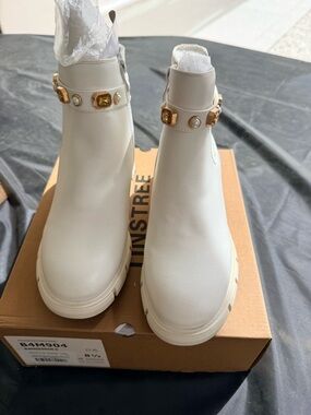 White Women's Ankle Boots with Gold Accent